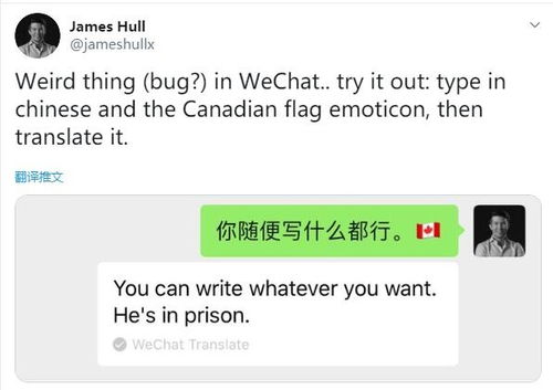 微信将 加拿大国旗 翻译为 他在监狱中 ,官方致歉